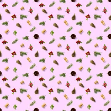 Christmas seamless patterns with Pine cones wine cork and lingonberry. patter Stock Photos