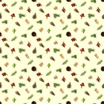 Christmas seamless patterns with Pine cones wine cork and lingonberry. patter Stock Photos