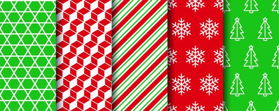 Christmas seamless patterns set. Five holiday wrapping paper swatches. Xmas t Stock Illustration
