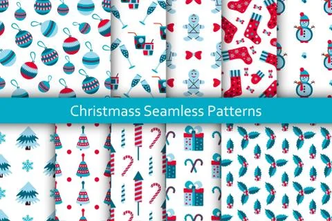 Christmas seamless patterns set with many winter doodle toys. Vector Stock Illustration