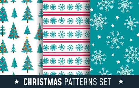 Christmas seamless patterns set with snowflakes, trees and decorations Stock Illustration