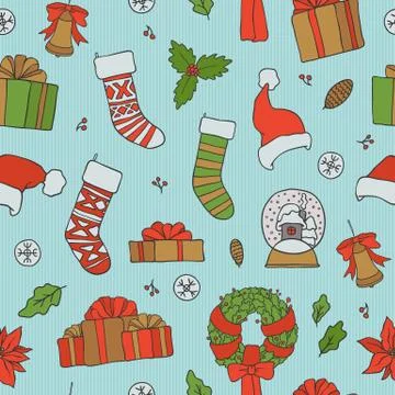 Christmas seamless patterns. Vector holiday background with gifts socks Stock Illustration