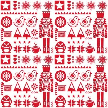 Christmas seamless red pattern with nutcracker - folk art style Stock Illustration