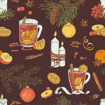 Christmas seamless repeatable pattern with mulled wine, vector illustration. Stock Illustration
