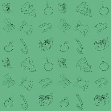 Christmas seamless vector pattern black outline on green background. For Stock Illustration