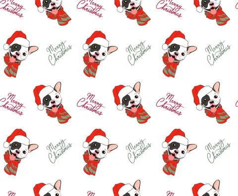Christmas seamless vector pattern with cute french bulldog, wearing santa claus Stock Illustration