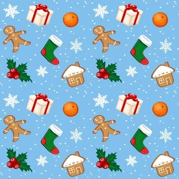 Christmas seamless vector pattern, gingerbread and  gifts Stock Illustration