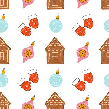 Christmas seamless vector pattern with gingerbread houses, red mittens Stock Illustration