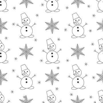 Christmas seamless vector pattern. Illustration of a flat snowman and snowf.. Stock Illustration