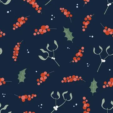Christmas seamless vector Pattern. Mistletoe, red berries, holy for wrap, gifts Stock Illustration