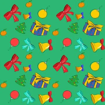 Christmas seamless vector pattern multicolored illustrations on green background Stock Illustration