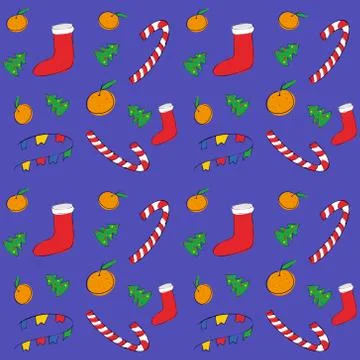 Christmas seamless vector pattern multicolored illustrations on purple Stock Illustration