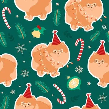 Christmas seamless vector pattern with Pomeranian dog and Christmas elements. 스톡 일러스트