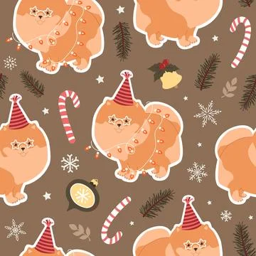 Christmas seamless vector pattern with Pomeranian dog and Christmas elements. イラスト素材