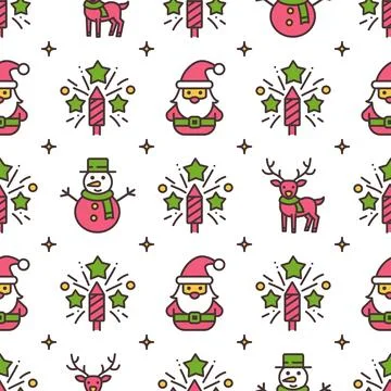 Christmas seamless vector pattern with Santa Claus, snowman, deer and fireworks Stock Illustration