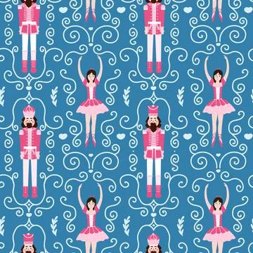 Christmas seamlesss pattern with nutcracker character and ballerina on dark blue Illustrazione stock