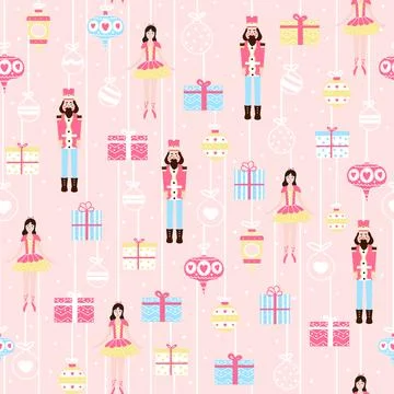 Christmas seamlesss pattern with nutcracker character and ballerina on light  스톡 일러스트
