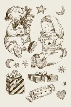 Christmas set, bear, rabbit and gifts with stars and moon, snowflakes. Winter Stock Illustration