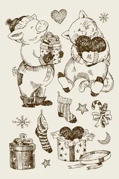 Christmas set, bear, rabbit and gifts with stars and moon, snowflakes. Winter Illustrazione stock