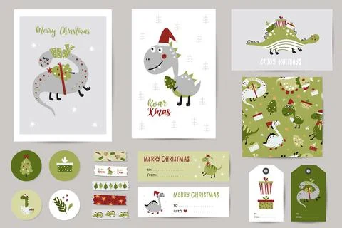 Christmas set with Christmas cards, notes, stickers, labels, stamps, tags wit Stock Illustration