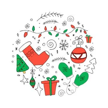 Christmas set in circle. Hand drawn doodle elements. Vector illustration. Stock Illustration