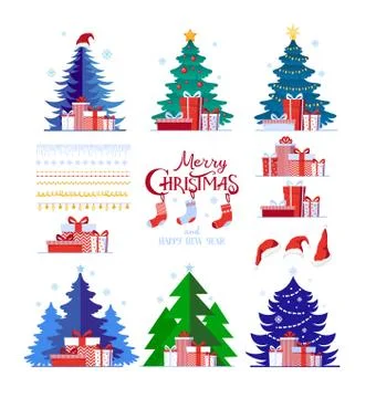 Christmas set of decorative winter objects, Christmas trees, gift boxes Stock Illustration