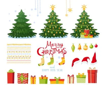 Christmas set with decorative winter objects - toys, baubles, gift boxes, balls Stock Illustration