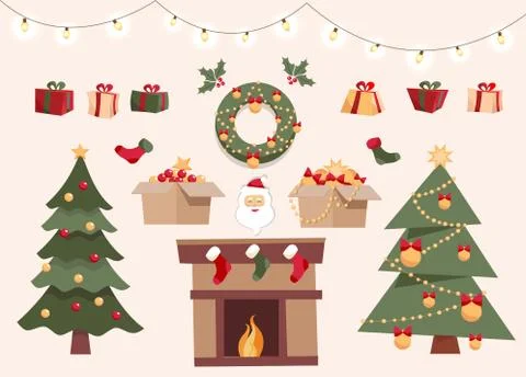 Christmas set with decorative winter objects, two different xmas trees, toys  Stock Illustration