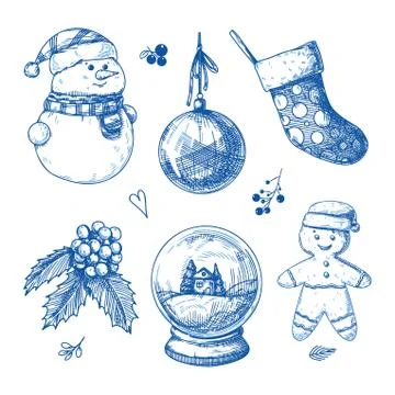 Christmas set. Different Christmas elements on a white background. Sketch Stock Illustration
