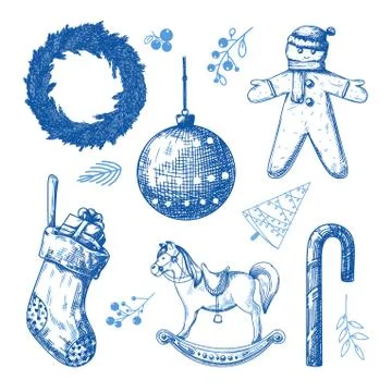 Christmas set. Different Christmas elements on a white background. Sketch Stock Illustration