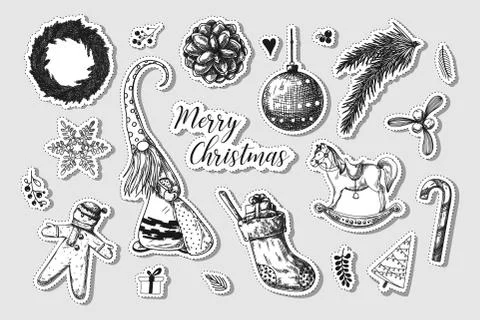 Christmas set. Different Christmas elements. New Year stickers. Sketch Stock Illustration