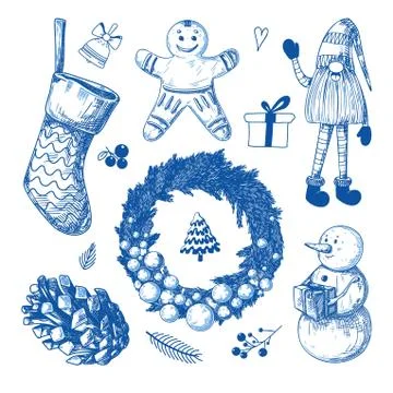 Christmas set. Different Christmas elements on a white background. Sketch Stock Illustration