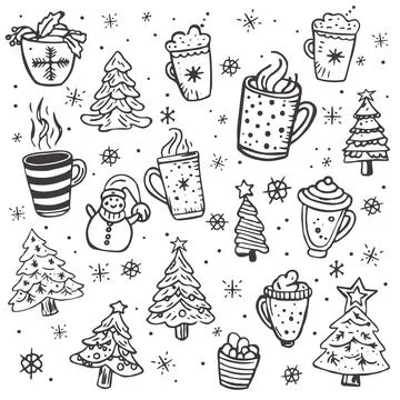 Christmas set of doodle trees and hot drinks. Stock Illustration