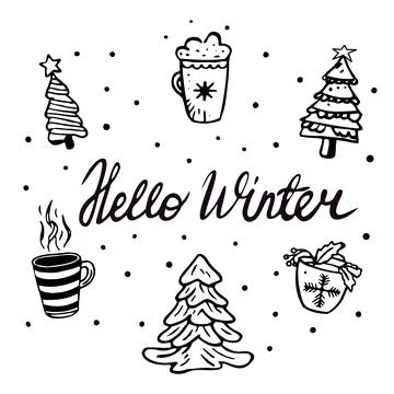 Christmas set of doodle trees and hot drinks. Stock Illustration