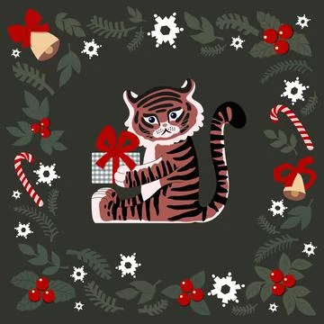 Christmas set of drawn cute elements. tiger with a gift, snowflakes, spruce,  Illustrazione stock