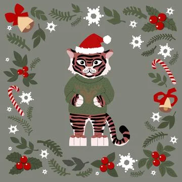 Christmas set of drawn cute elements. tiger in a sweater with a deer and a Ch Stock Illustration