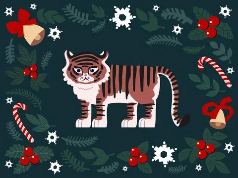 Christmas set of drawn cute elements. tiger, snowflakes, spruce, bells, lolli Stock Illustration