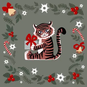 Christmas set of drawn cute elements. tiger with a gift, snowflakes, spruce,  Illustrazione stock