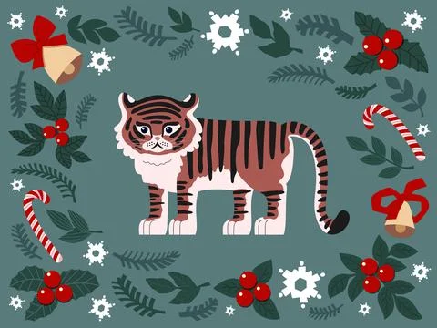 Christmas set of drawn cute elements. tiger, snowflakes, spruce, bells, lolli 스톡 일러스트