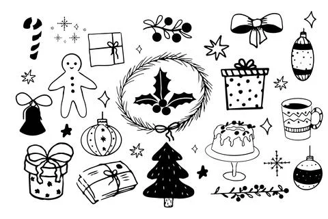 Christmas set elements icons gingerbread man, presents, winter decorations Stock Illustration