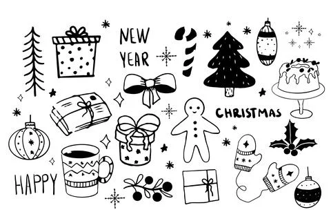 Christmas set elements icons gingerbread man, presents, winter decorations Illustrazione stock