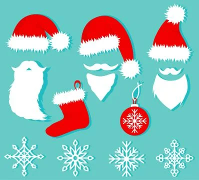 Christmas set in flat style. Vector illustrarion. Santa hats and beards. Stock Illustration