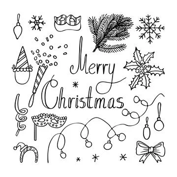 Christmas set of fun elements in doodle style. Garland, serpentine, mistletoe 스톡 일러스트