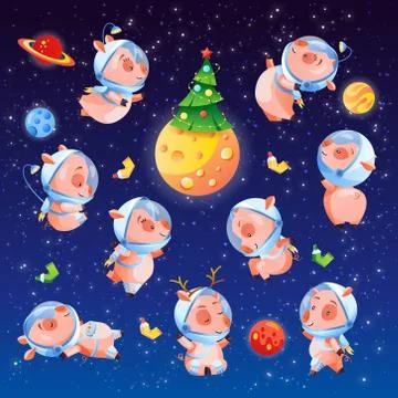 Christmas set of funny pigs in space with tree and planets. Chinese symbol of Stock Illustration
