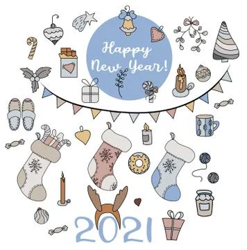 Christmas set of graphic elements with Christmas star and candles, mistletoe Stock Illustration