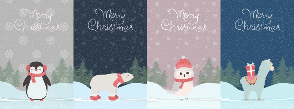 Christmas set of greeting cards, with cute animals. Llama, penguin, polar bear Stock Illustration