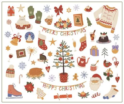 Christmas set  hand drawn vector isolated elements. Decoration for Christmas. Stock Illustration
