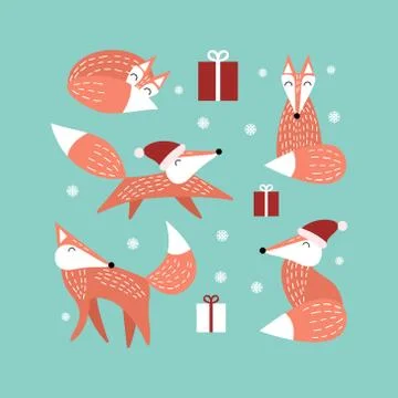 Christmas set of orange foxes Stock Illustration