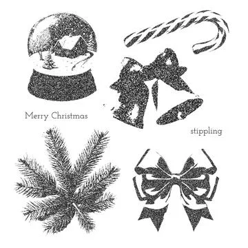 Christmas set with snowball, bells, candy cane, pine branch. Design with retro Stock Illustration