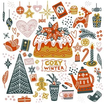 Christmas set square card with cake vector illustration Stock Illustration